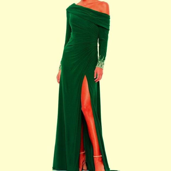 Mac Duggal Emerald Green One-Shoulder Long Sleeve Sparkle Jersey Gown - Picture 1 of 3